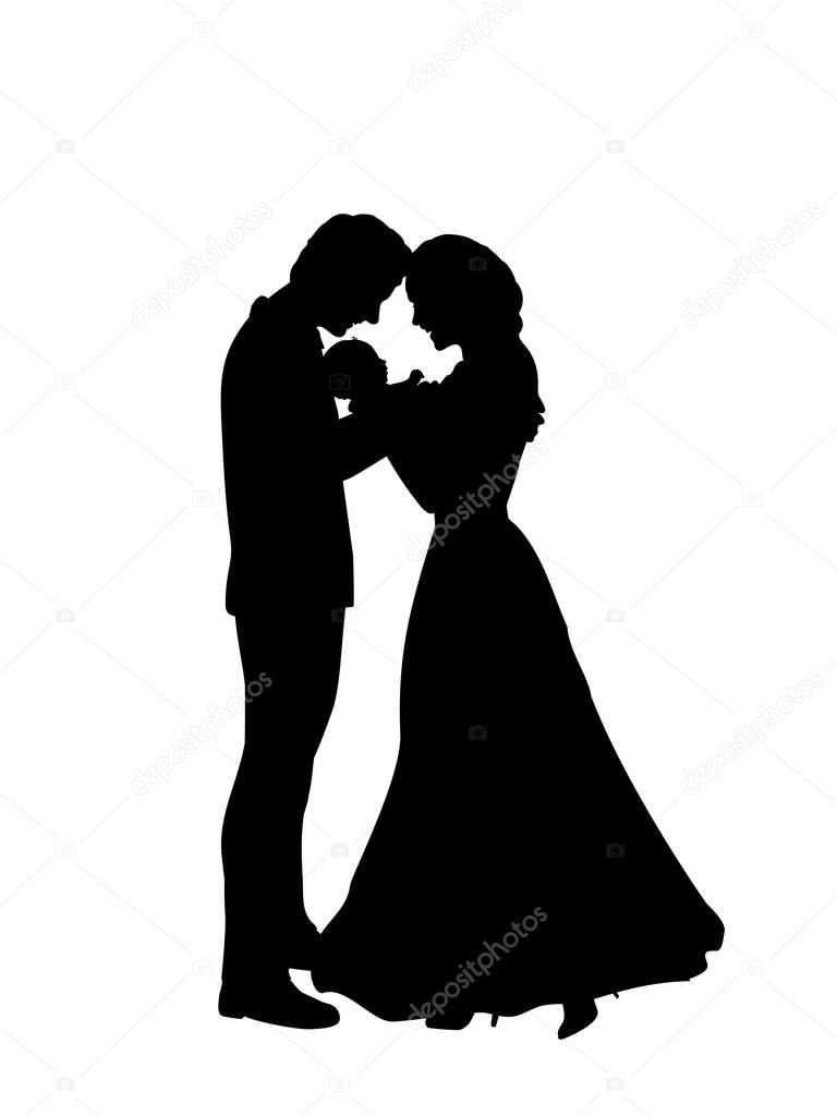Silhouettes happy parents father and mother holding newborn baby. Illustration graphics icon vector