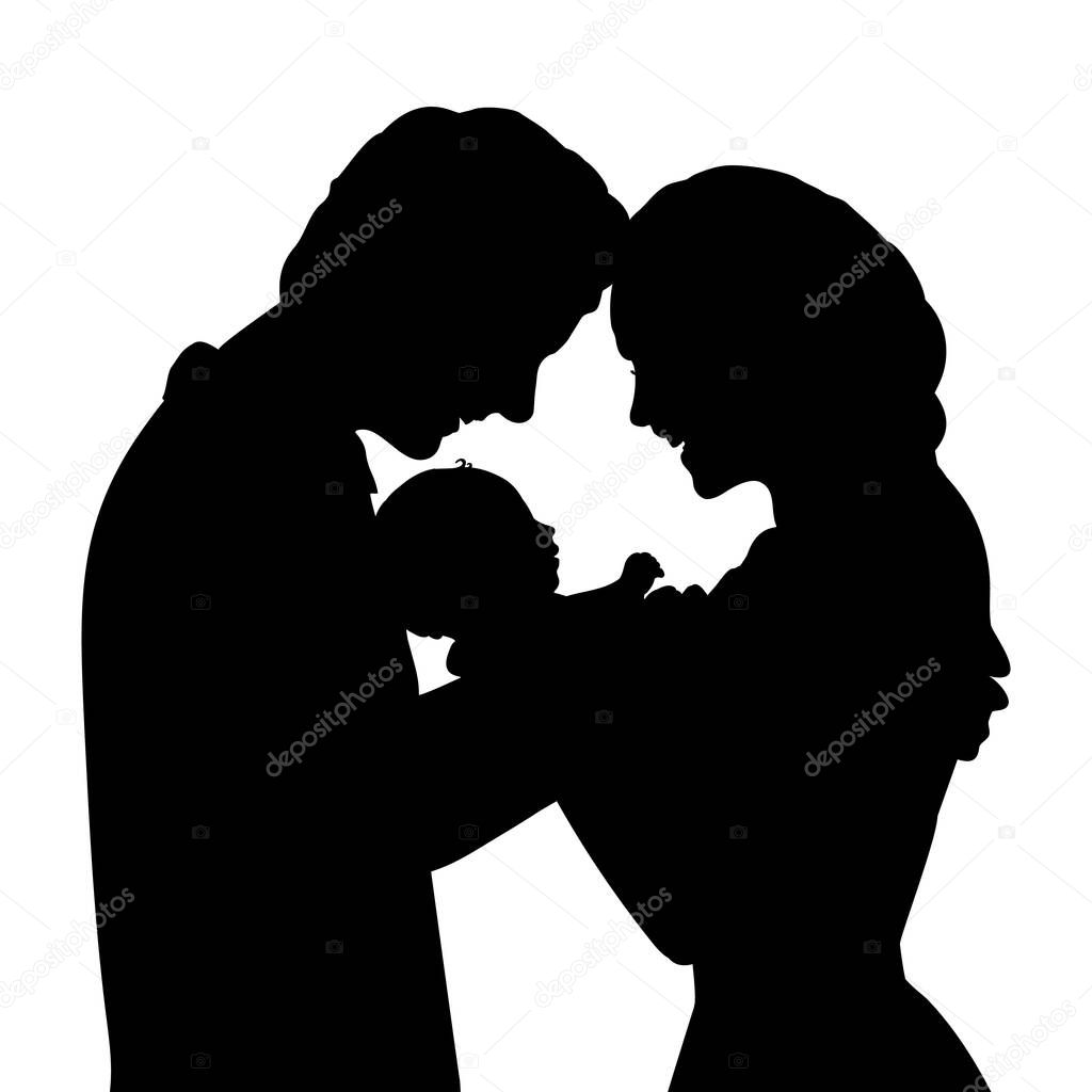 Silhouettes happy parents father and mother holding newborn baby closeup. Illustration graphics icon vector