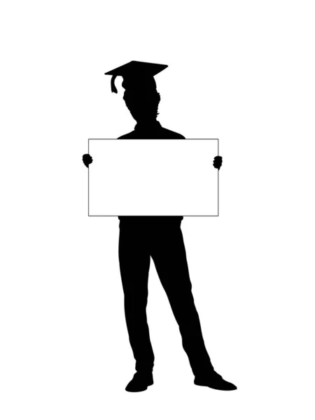 Silhouette joven estudiante sostiene pancarta en blanco hoja blanca para el espacio de texto — Vector de stock