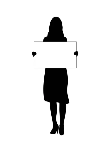Silueta mujer sostiene pancarta en blanco hoja blanca para el espacio de texto — Vector de stock
