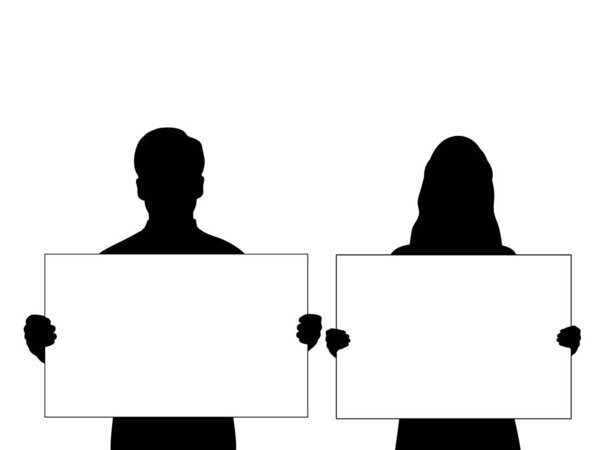 Силуэты мужчины и женщины держат плакат с плакатом для текстового пространства крупным планом