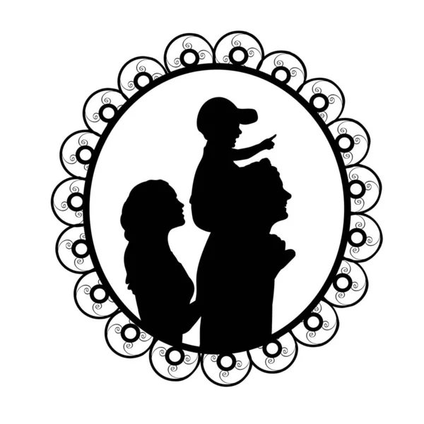 Silhueta no quadro mãe de família feliz e pai carregam o filho em ombros — Vetor de Stock