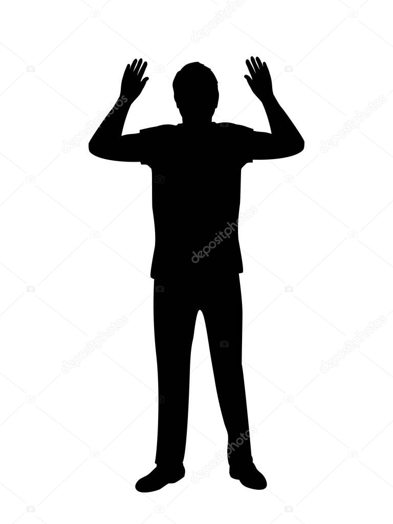 Silhouette of man surrenders with raised arms. Illustration symbol icon