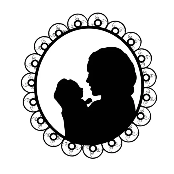 Silhouette in cornice madre felice che tiene il neonato piccolo bambino — Vettoriale Stock