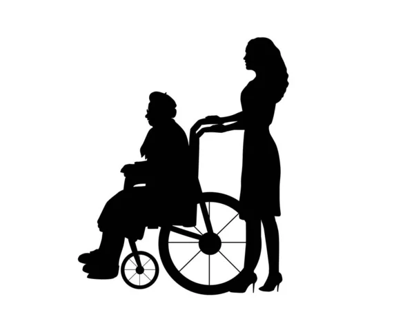 Sylwetki kobiety spacerującej z babcią na wózku inwalidzkim — Wektor stockowy
