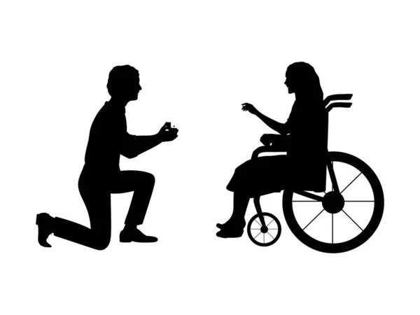 Silhouetten van een man die op zijn knie staat en een aanbod doet om de vrouw te worden van een vrouw in een rolstoel — Stockvector