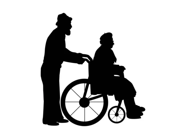 Silhouetten van grootvader wandelende grootmoeder in rolstoel — Stockvector