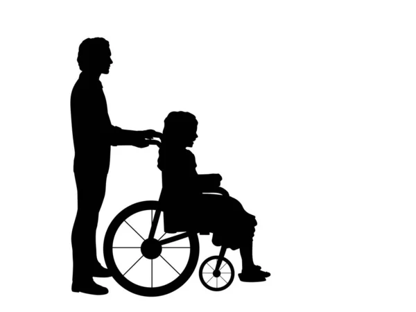 Silhouettes de l'homme marchant enfant fille en fauteuil roulant — Image vectorielle