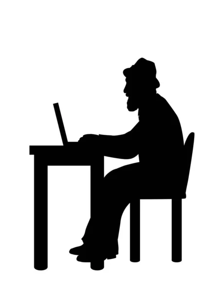 Silhouette anziano uomo nonno con computer portatile — Vettoriale Stock