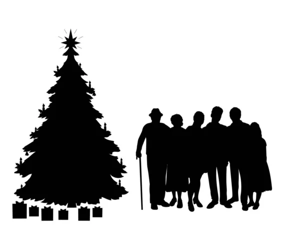 Silhouetten Familie am Weihnachtsbaum. Weihnachtsferien — Stockvektor