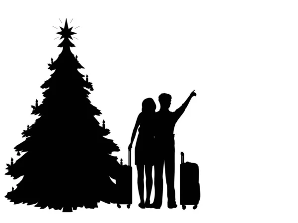 Silhouettes hommes et femmes rêvent de voyager dans la nouvelle année à venir. Arbre de Noël. — Image vectorielle