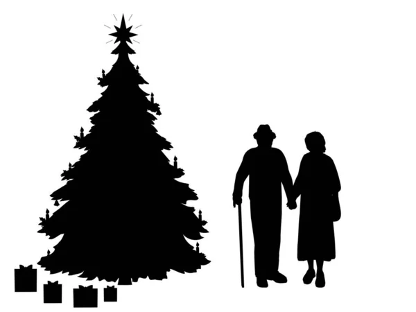 Silhouetten der Großeltern am Weihnachtsbaum. Weihnachtsferien — Stockvektor
