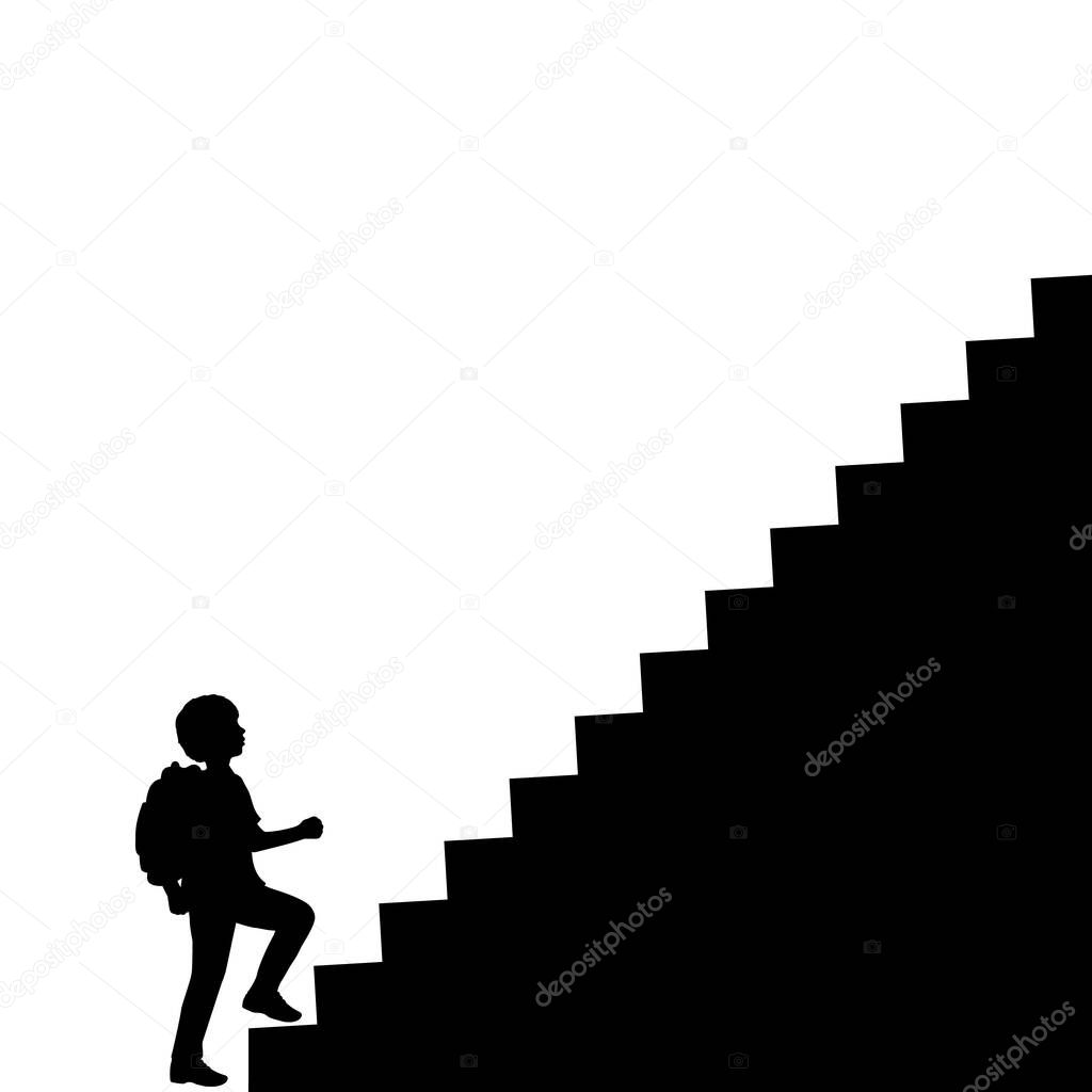 Silhouette school boy with backpack climbs the stairs to the top