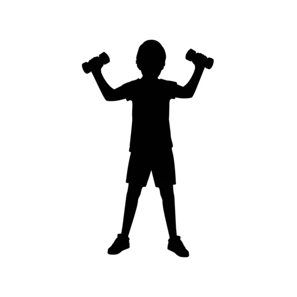 Silhouette boy working out with dumbbells — Stock Vector