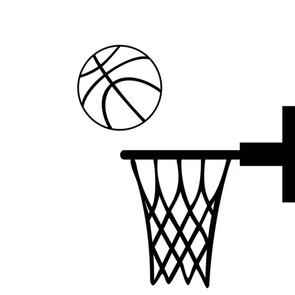Silueta pelota de baloncesto vuela a través de la cesta. — Vector de stock