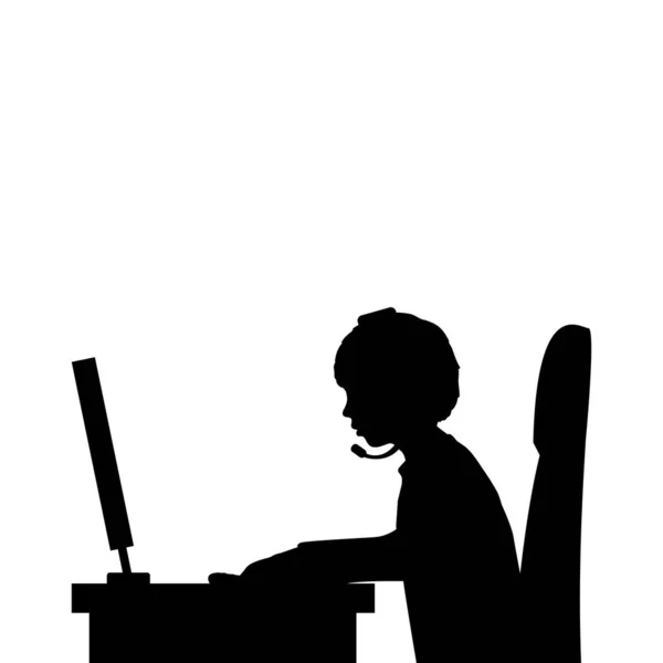 Silueta niño sentado en el ordenador de cerca. — Vector de stock