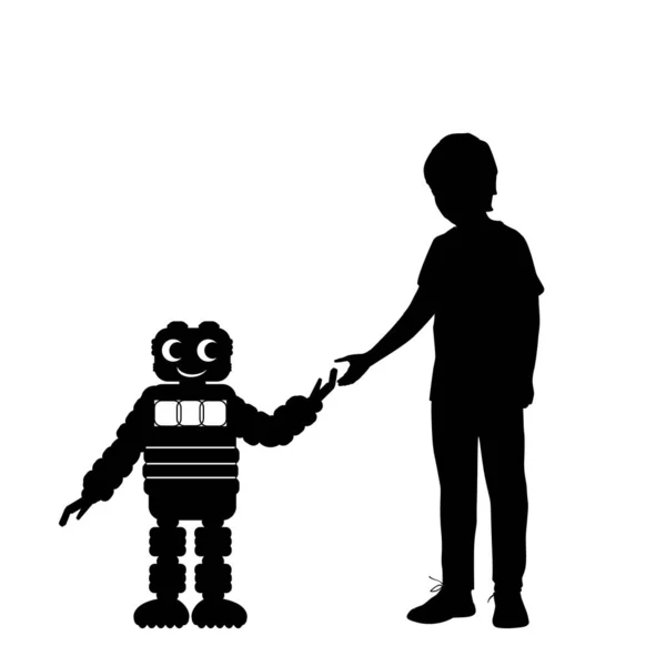 Силуэты мальчик и робот. Школа робототехники — стоковый вектор