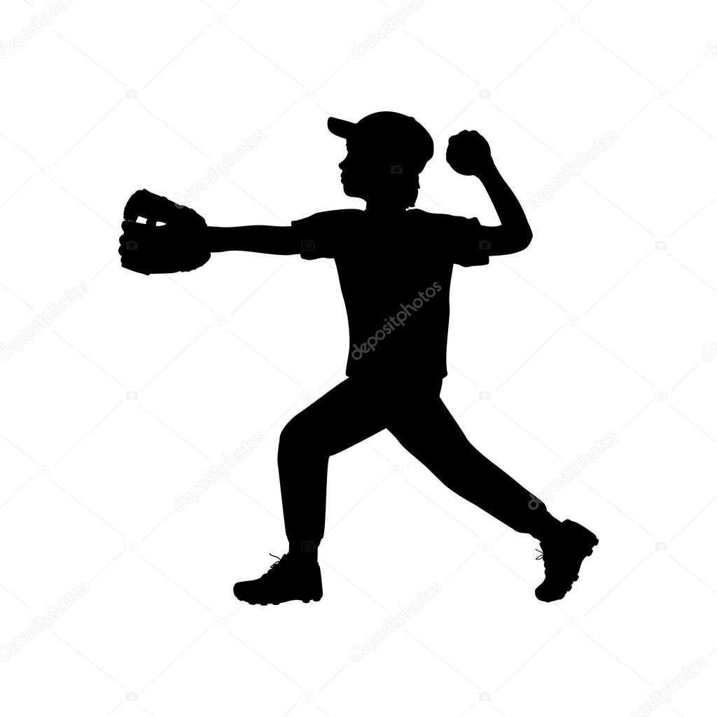 Silhouette boy baseball pitcher throwing the ball. Symbol sport.