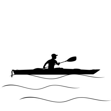 Oğlan Silhouette kano sürmeyi öğreniyor. Kano su sporu