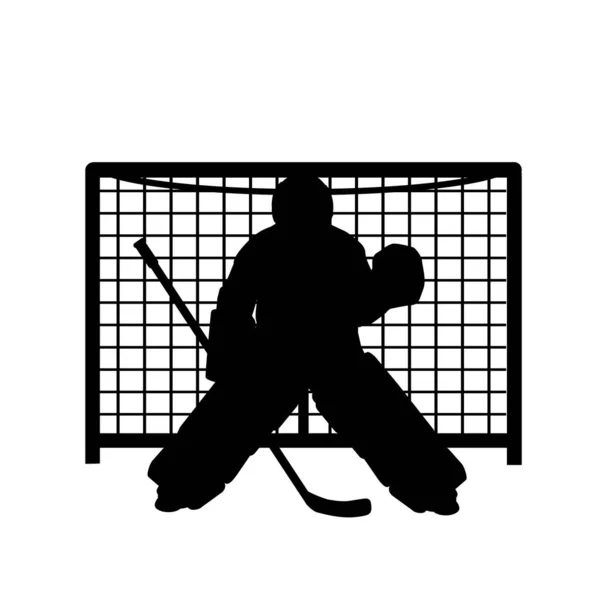 Garçon silhouette joueur de hockey sur glace gardien protège la porte. Symbole sport — Image vectorielle