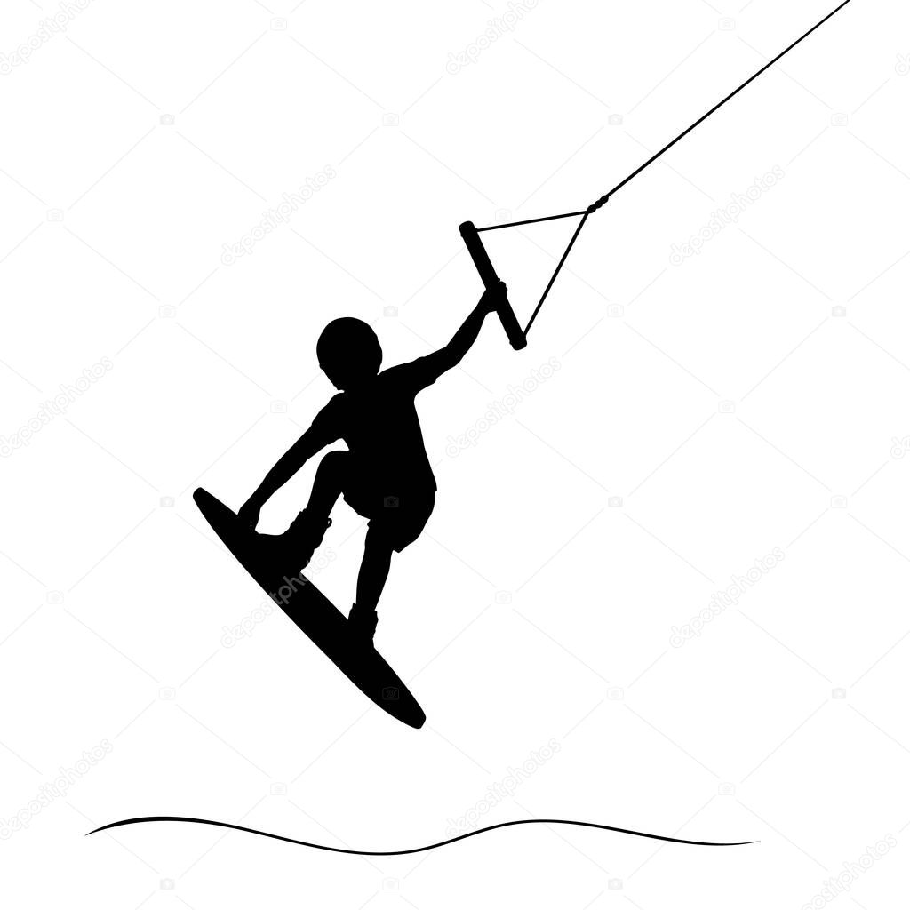 Silhouette boy learns wake surfing. Extreme Sports Kitesurfing