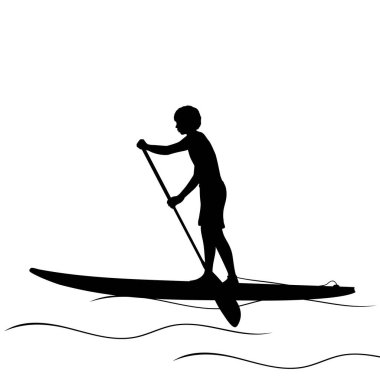 Siluet çocuk kürek çekiyor, ayağa kalk. Su sporu, SUP sörfü.