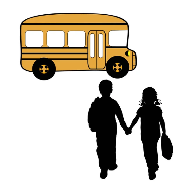 Silhouettes garçon et fille vont à l'autobus scolaire. Retour à l'école — Image vectorielle