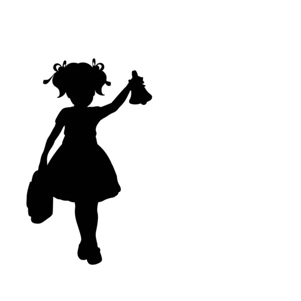Silhouette fille avec des sacs à dos d'école et avec cloche. Retour à l'école. — Image vectorielle