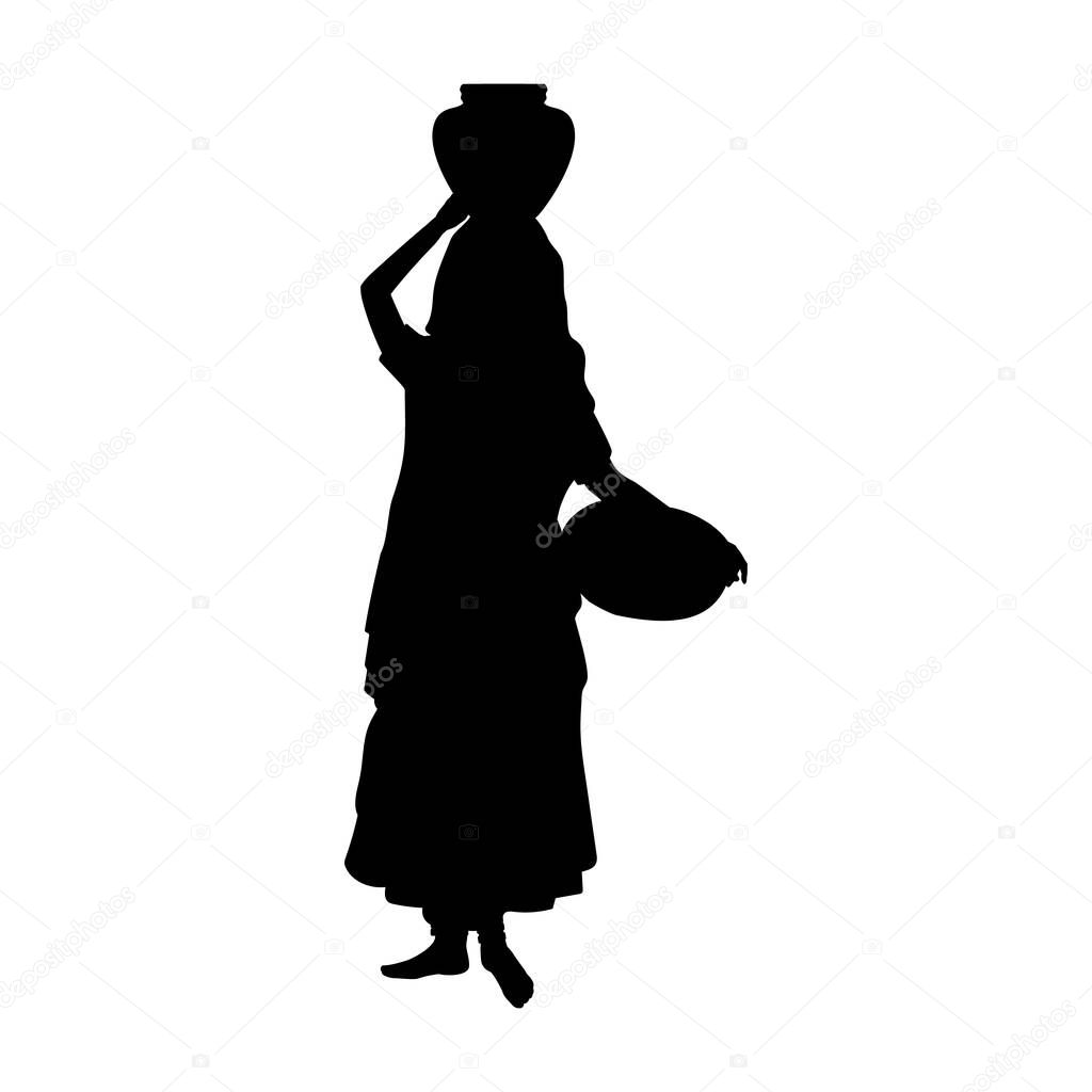 Silhouette Indian woman carrying jug on her head and basket in her hand