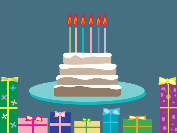 Pastel cumpleaños regalos vacaciones velas 6 años de edad — Vector de stock