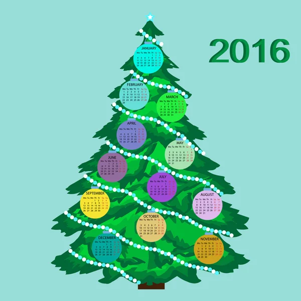 Calendrier arbre de Noël 2016 nouvelle année — Image vectorielle