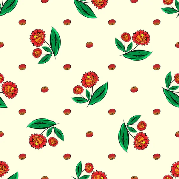 Flores rojas y bayas fondo sin costuras — Vector de stock