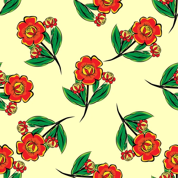Flores rojas en un patrón sin costuras tallo verde — Vector de stock