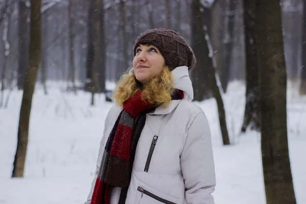 Jovem menina bonita perto no parque de inverno goza de neve caiu — Fotografia de Stock