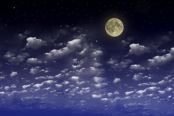 Beautiful blue night sky with clouds and fullmoon and stars