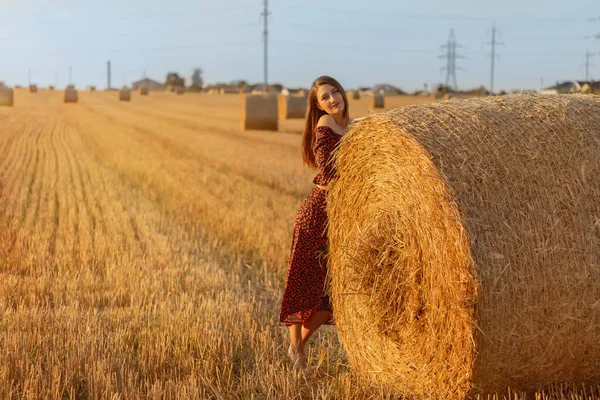 Jovem Mulher Bonita Vestido Vermelho Close Fundo Campo Com Palhaços — Fotografia de Stock