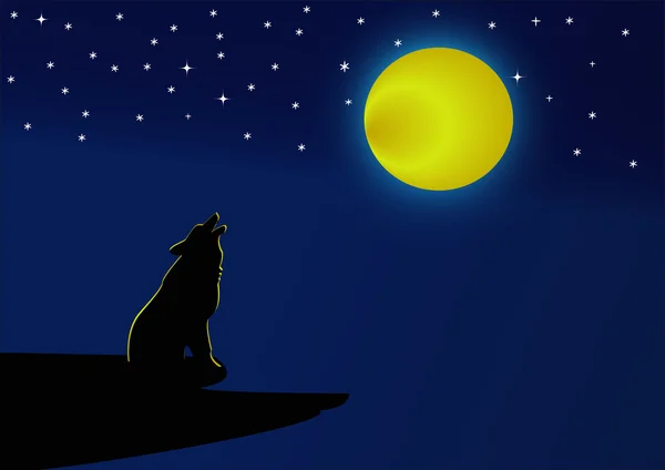 Lobo aullando a la luna llena por la noche — Vector de stock