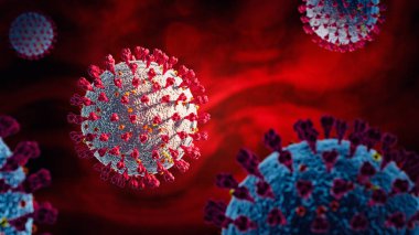 Coronavirus Covid-19 Banner kırmızı arkaplan - 3d Görüntü