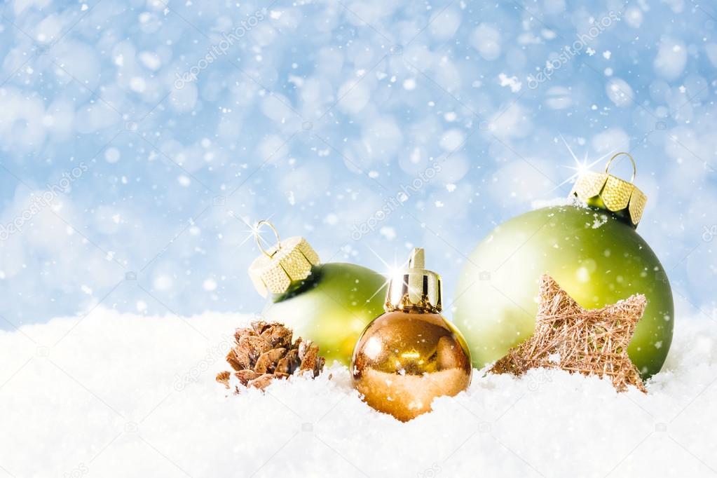 Golden and Green Christmas Balls with falling  Snow