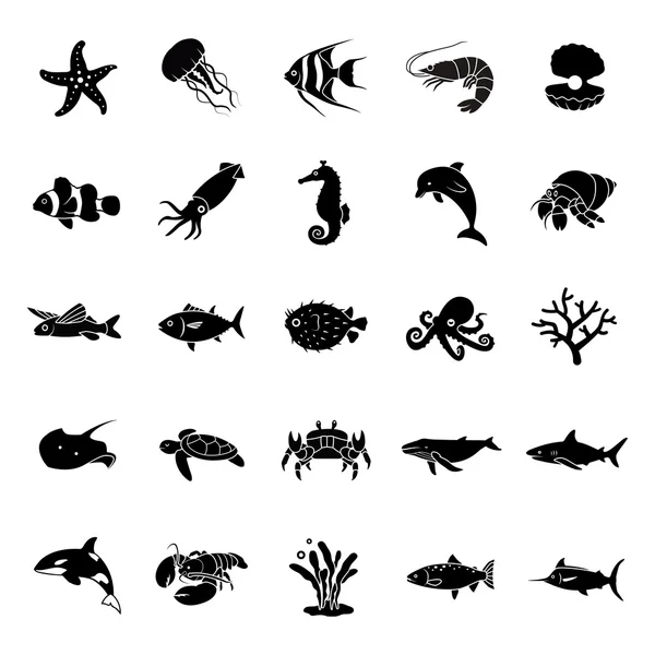 Iconos de vector de glifo de vida marina — Vector de stock