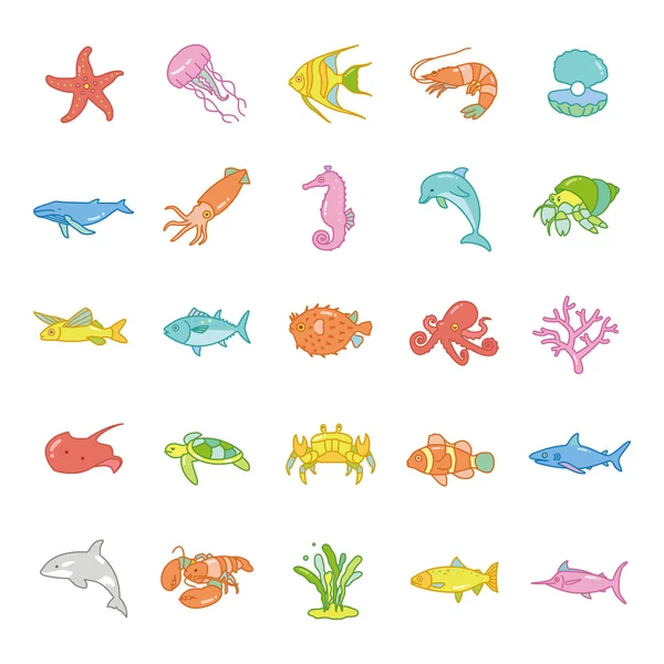 Значки вектора цвета морской жизни — стоковый вектор
