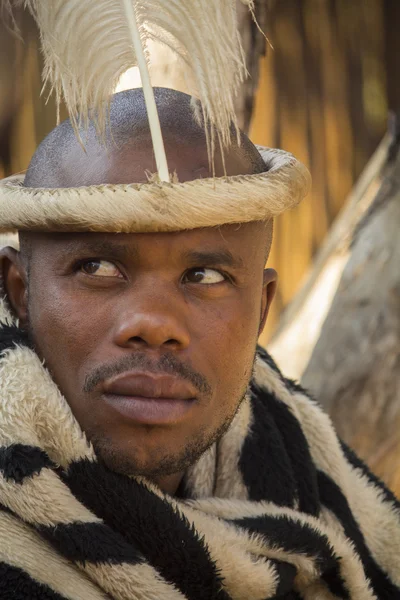 Sudáfrica, Gauteng, Lesedi Cultural Village (centro único de la cultura africana) 04 de julio de 2015. Retrato de hombre africano no identificado Nación bantú con accesorios étnicos y peinado. Líder tribal. Pedi personas . — Foto de Stock