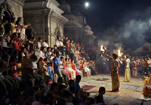 Ritual dance at the opening ceremony of burning the body in Nepal, an ancient tradition of deep deceased person burned at the stake