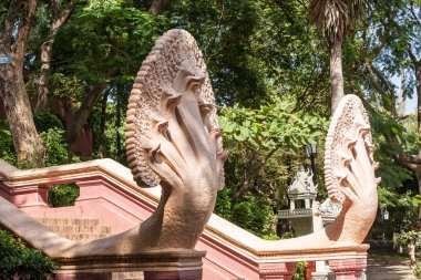 Bir Budist Tapınağı girişine. Merdivenlerin her iki tarafında olan heykel ejderha başkanları ile yüklü. Phnom Penh, Kamboçya - Aralık 01.2009 yıl: Guardians - çıplak bir Budist Tapınağı girişinde