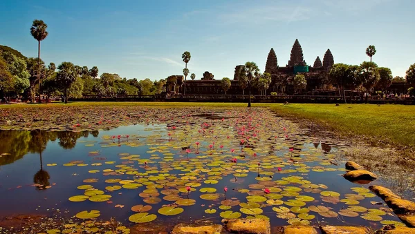 Angkor, göl ve Orta Tapınağı. Göl lotus çiçekleri ile genel görünümünü Ankor terk edilmiş medeniyetin topraklarında. Angkor Wat, Orta Tapınağı. 11/22/2009: Angkor ana Tapınağı
