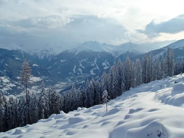 Schneebedeckte Gipfel der Alpen in den Wolken — Stockfoto