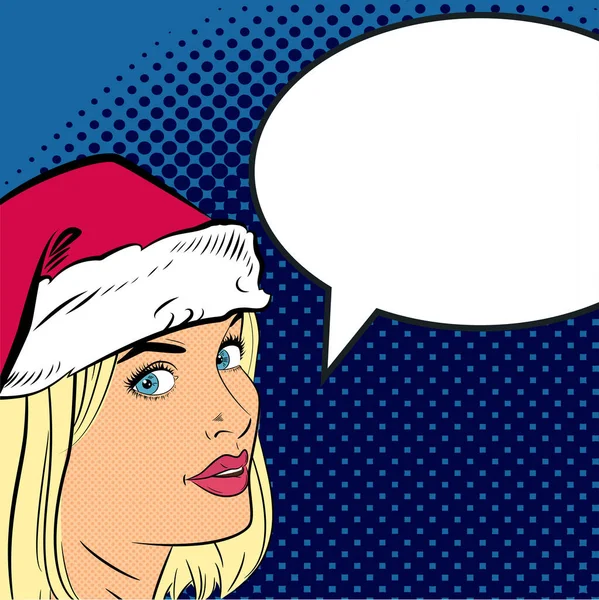 Mujer con sombrero de Santa Claus en el estilo de los cómics pop art. — Vector de stock