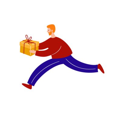 Elinde bir hediyeyle koşan bir adam düz bir şekilde vektör çizimi yapar..