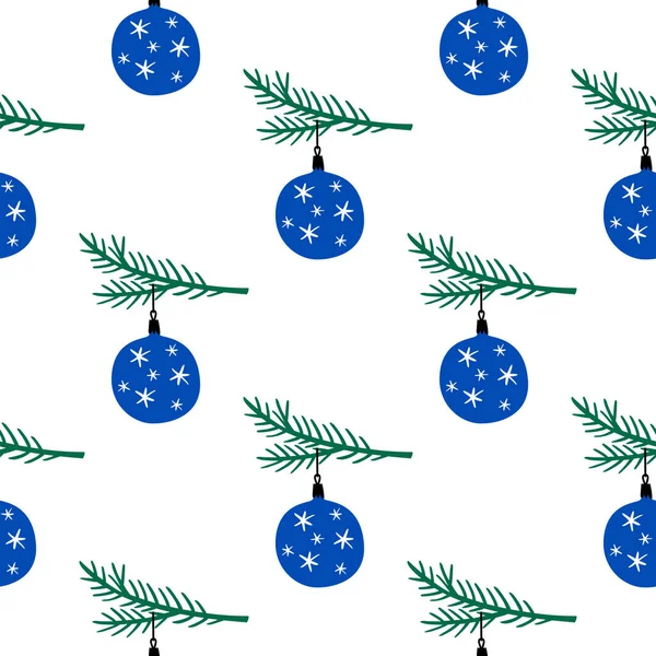 Seamless patterns. Christmas tree toy on a spruce branch. New Years illustration. — Stock Vector