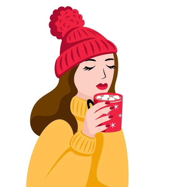 A beautiful young girl in a winter hat drinks hot cocoa with marshmallows. Vector. — Stock Vector